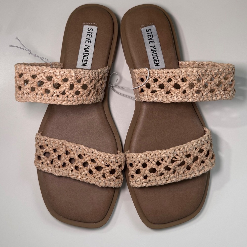 Steve Madden Dutchess Tan Woven Raffia Double Strap Flat‎ Slide Sandals 6.5